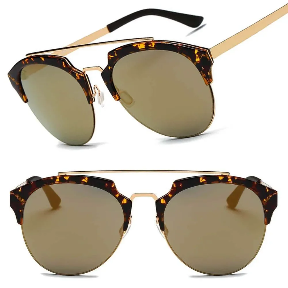 Women Half Frame Horned Rim Cat Eye Fashion Mirrored Lens Tortoise Sunglasses